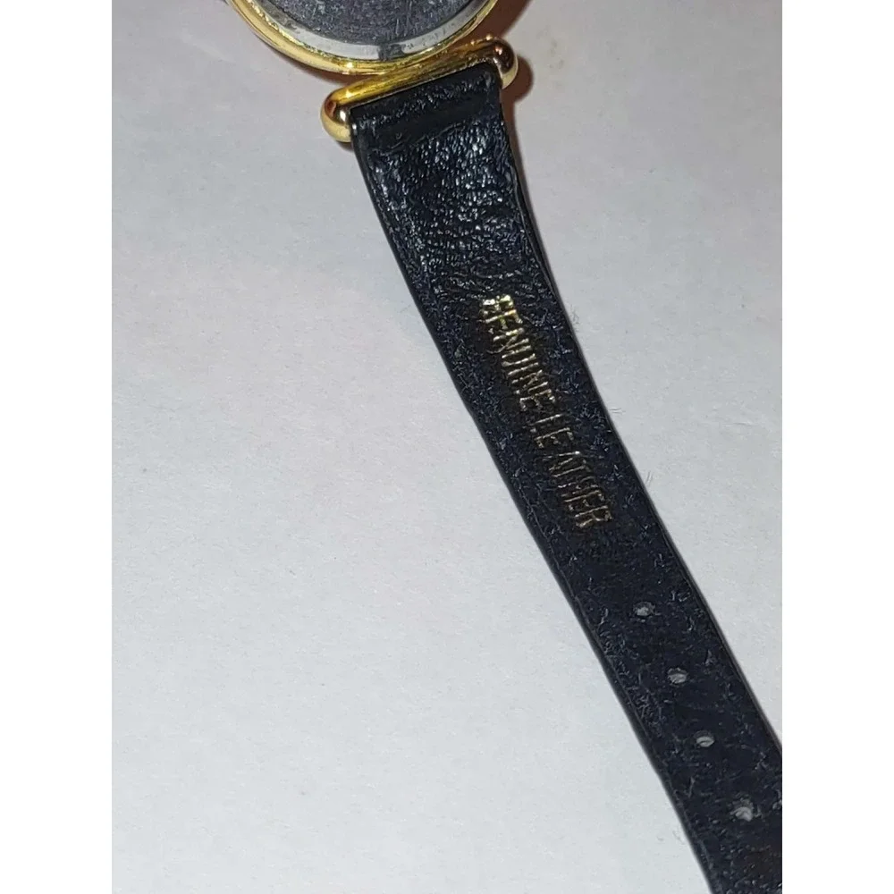 Bijin Japan Quartz Watch Womens Gold Tone Crystal Bezel Black Leather Strap